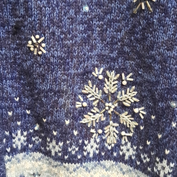 Tiara International Blue Heathered Beaded/Gem Christmas Zip-Up Sweater. Sz Large - Picture 5 of 9